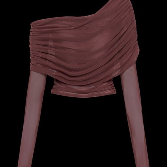 Everly Sheer Mesh Off Shoulder Top - Mahogany - Picture 7 of 8